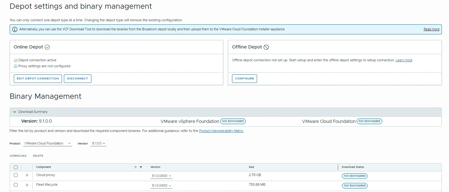 Depot settings page with the online depot connection active and the VMware Cloud Foundation 9.1.0.0 binaries listed as not downloaded.