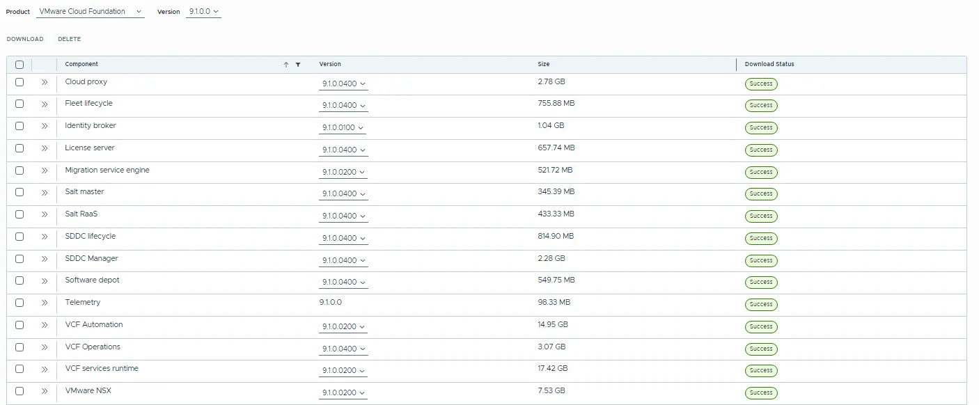 Binary Management table with all VMware Cloud Foundation 9.1 components showing download status Success.
