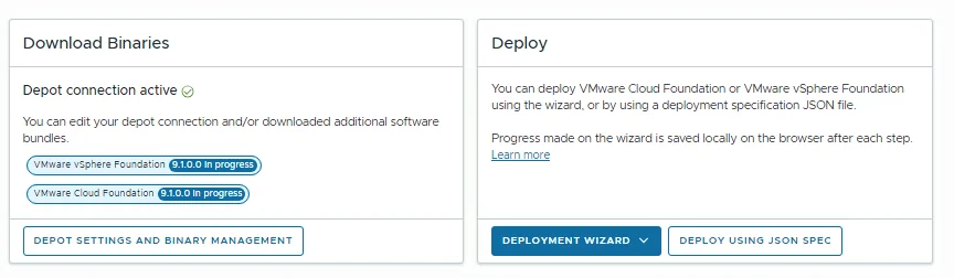 The VCF Installer home page with the Download Binaries and Deploy cards side by side.