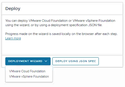 The Deploy card with the Deployment Wizard dropdown expanded showing VMware Cloud Foundation and VMware vSphere Foundation options.