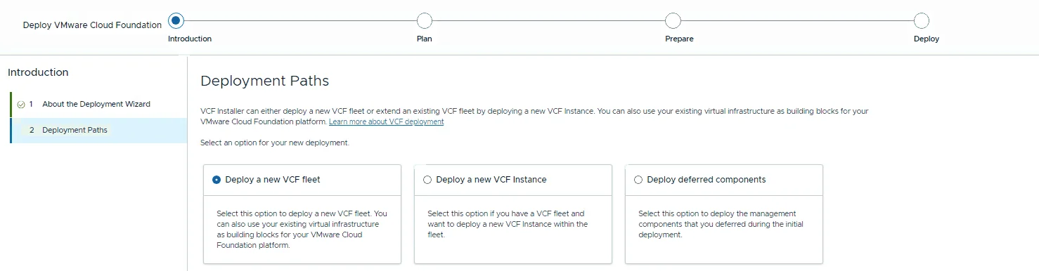 The Deployment Paths step with Deploy a new VCF fleet selected over the new VCF Instance and deferred components options.