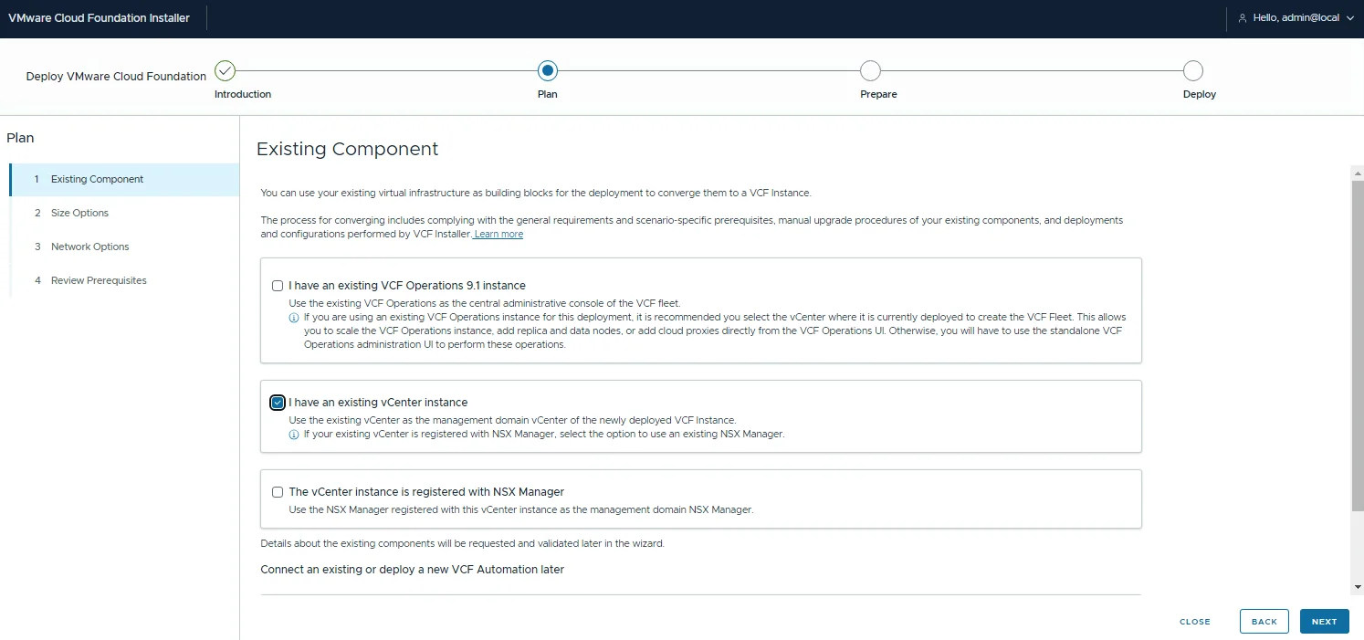The Plan phase Existing Component step with the existing vCenter checkbox selected.