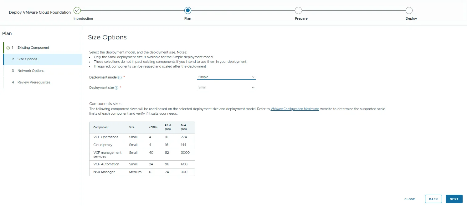 The Size Options step with the Simple deployment model and Small size selected, showing per-component vCPU, RAM, and disk requirements.