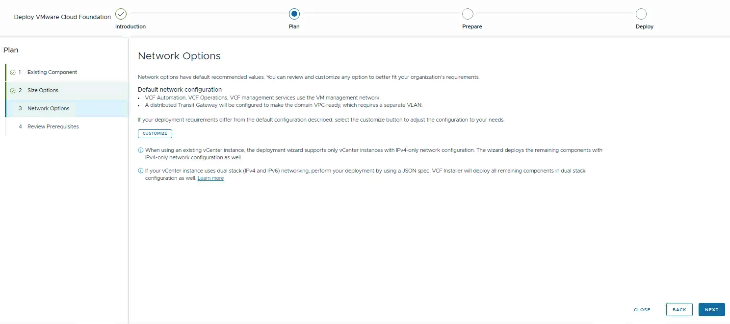 The Network Options step showing the default network configuration with the Customize button.