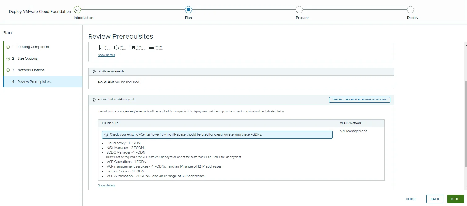 The Review Prerequisites step listing capacity totals, VLAN requirements, and the FQDNs and IP address pools needed for the deployment.