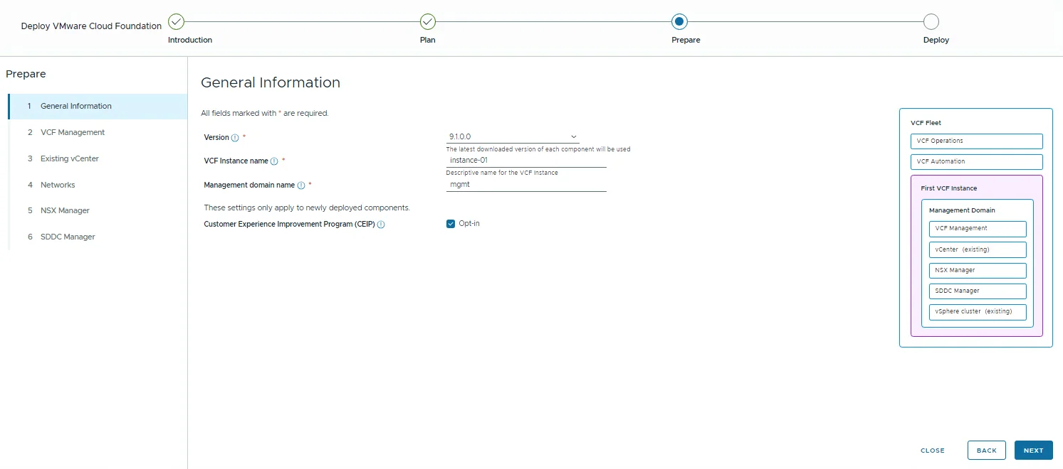 The Prepare phase General Information step with version 9.1.0.0, instance name instance-01, and management domain name mgmt.