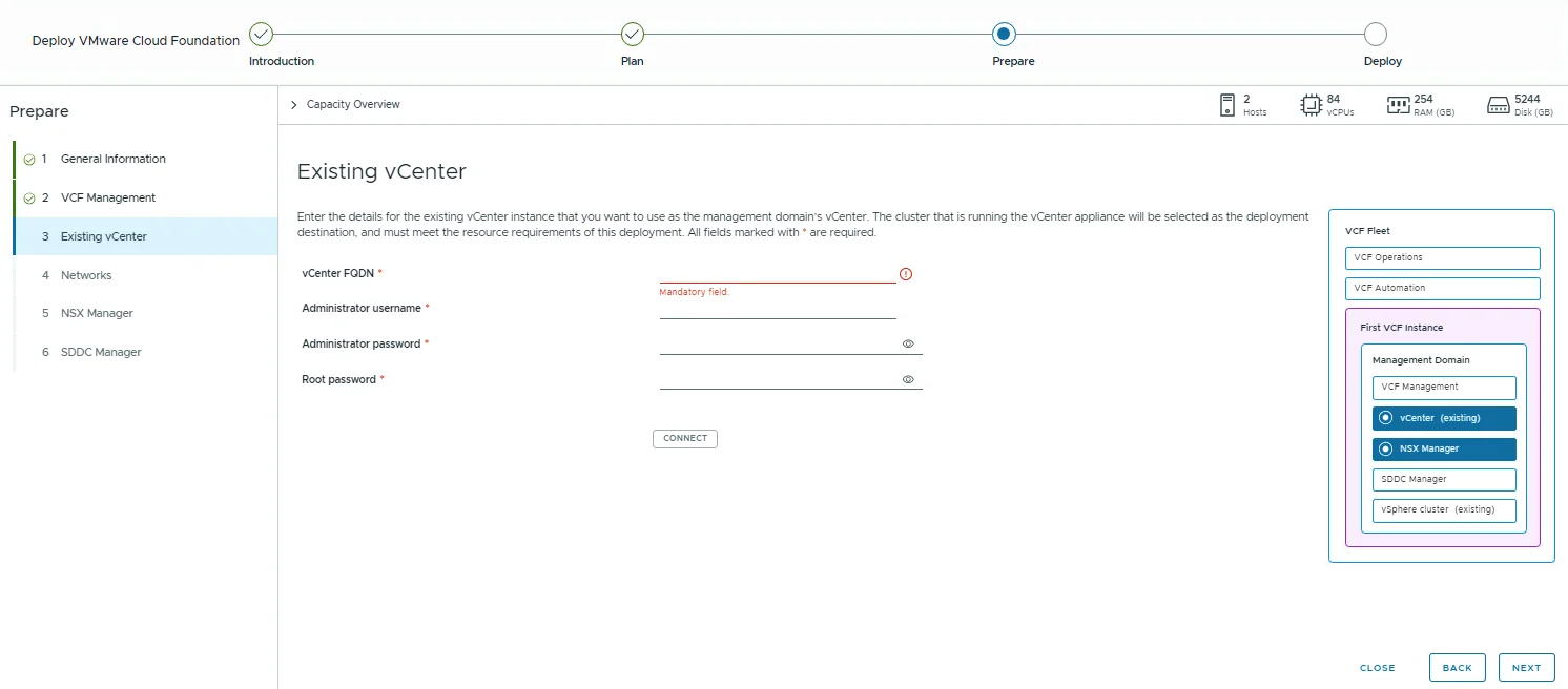 The Existing vCenter step with fields for the vCenter FQDN, administrator credentials, and root password and the Connect button.