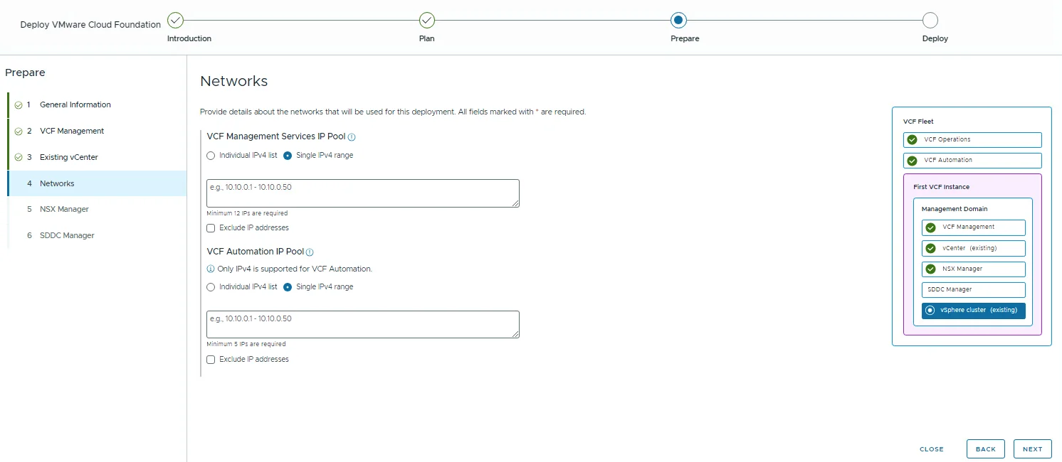 The Networks step with the VCF Management Services and VCF Automation IP pool ranges to be filled in.