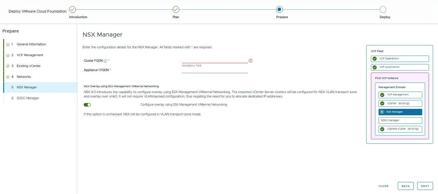 The NSX Manager step with cluster and appliance FQDN fields and the overlay via ESX Management VMkernel Networking toggle enabled.