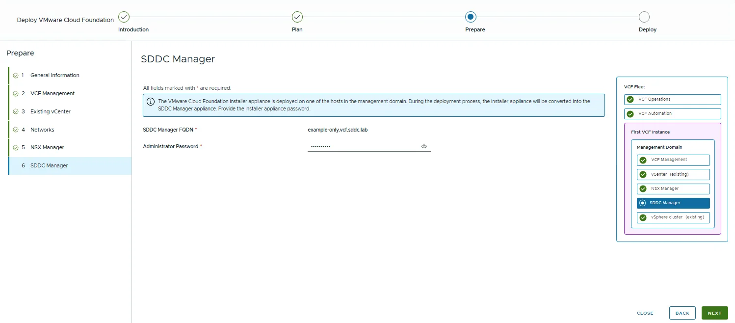 The SDDC Manager step with the FQDN filled in and the info banner explaining the installer appliance is converted into SDDC Manager during deployment.
