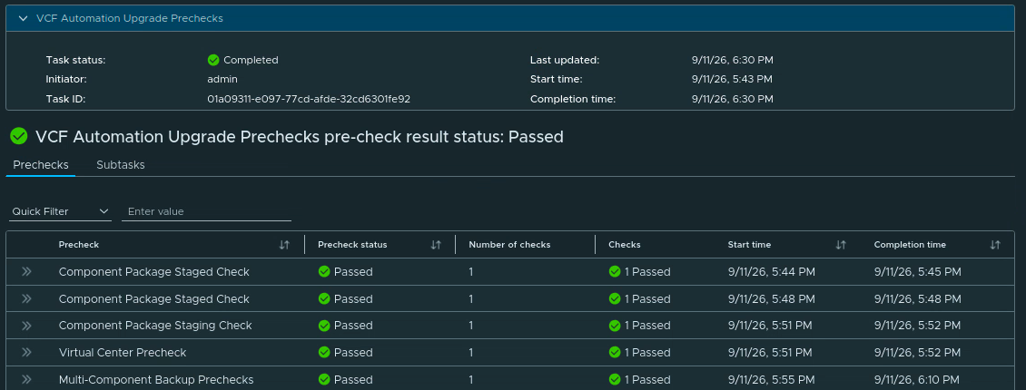 Completed VCF Automation Upgrade Prechecks workflow showing an overall Passed result.