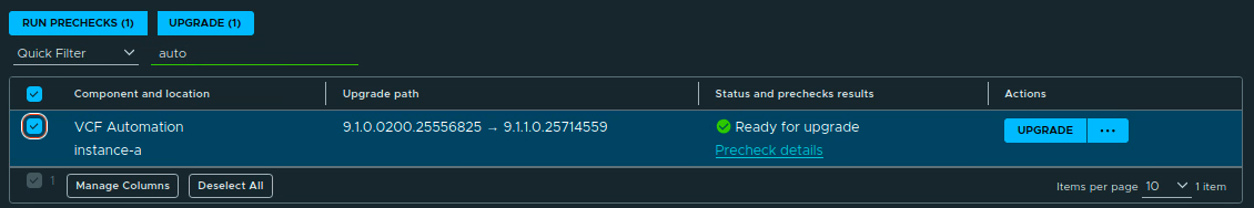 VCF Automation selected with the 9.1.1 upgrade path and Ready for upgrade status after the precheck completed.