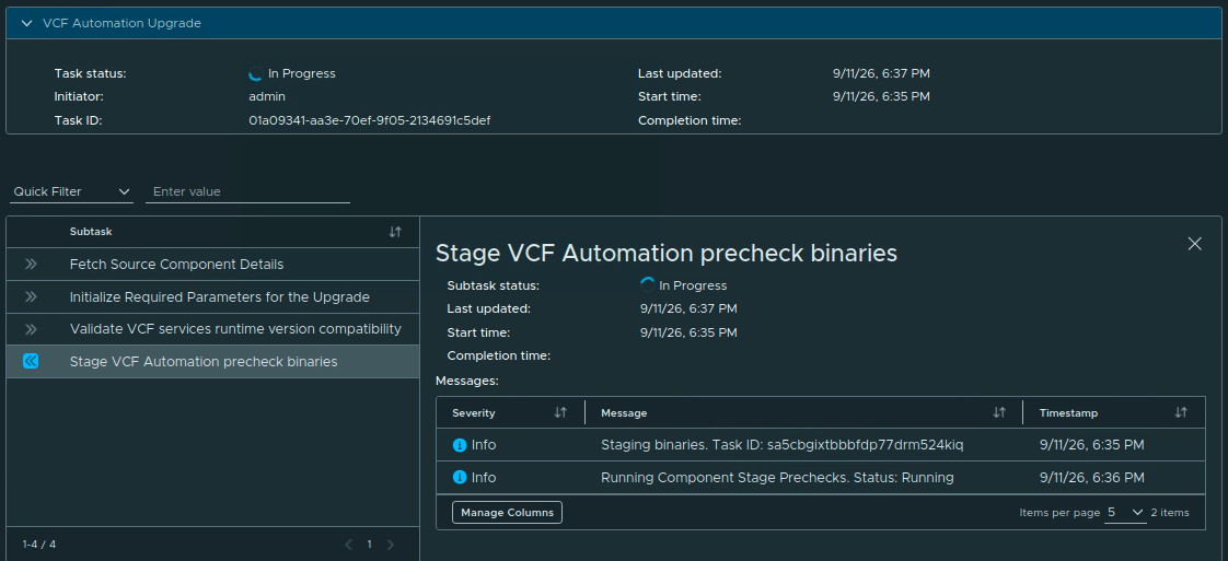 VCF Automation upgrade workflow in progress while the precheck binaries are staged.