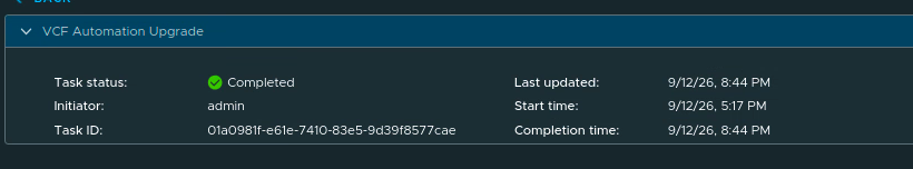 Completed VCF Automation upgrade task in VCF Operations.