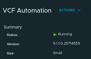 VCF Automation Summary showing Running status, version 9.1.1.0.25714559, and Small size.