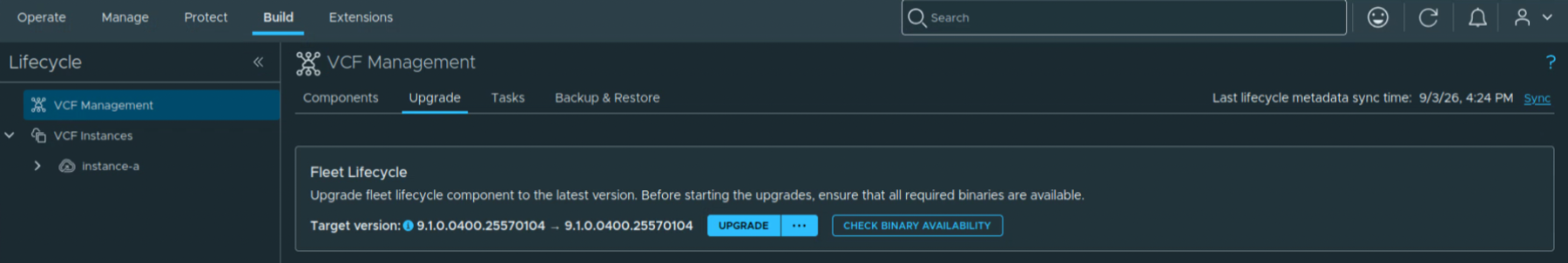 VCF Management Upgrade page showing the Sync link and Fleet Lifecycle still targeting 9.1.0.0400.25570104.