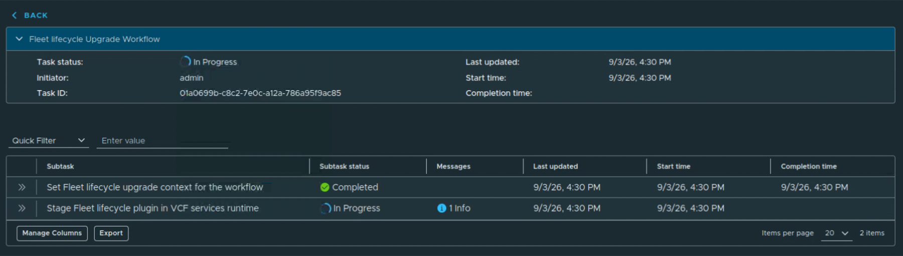 Fleet Lifecycle Upgrade Workflow in progress, with the upgrade context subtask completed and plugin staging in VCF Services Runtime still running.