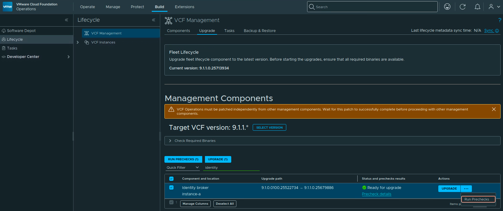 VCF Operations VCF Management upgrade page showing Identity Broker ready to upgrade to 9.1.1.0.25679886.