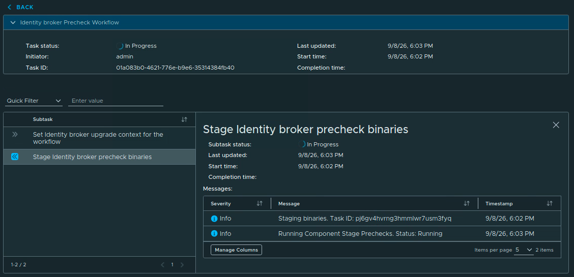 Identity Broker precheck workflow in progress while its binaries are staged in the VCF services runtime.