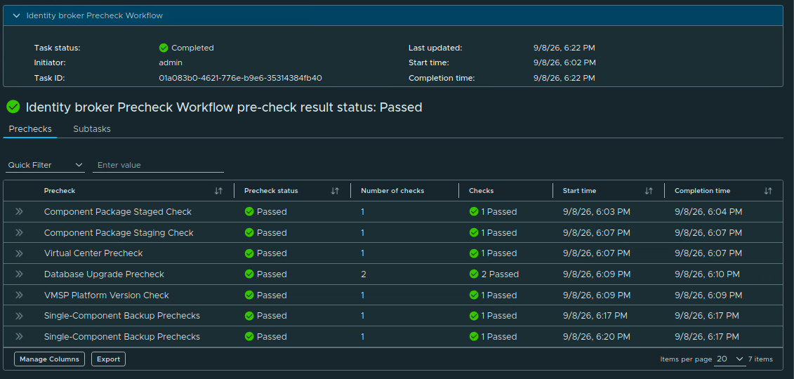 Completed Identity Broker Precheck Workflow showing a Passed result and all listed checks passed.