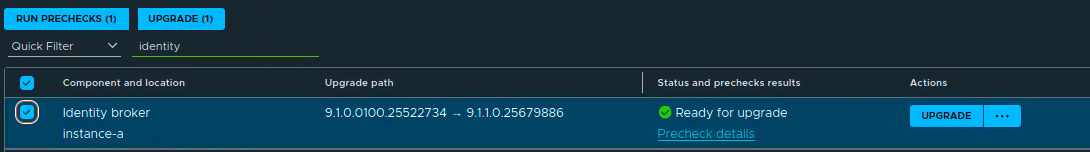 Identity Broker selected with the 9.1.1.0.25679886 upgrade path and Ready for upgrade status after the precheck completed.