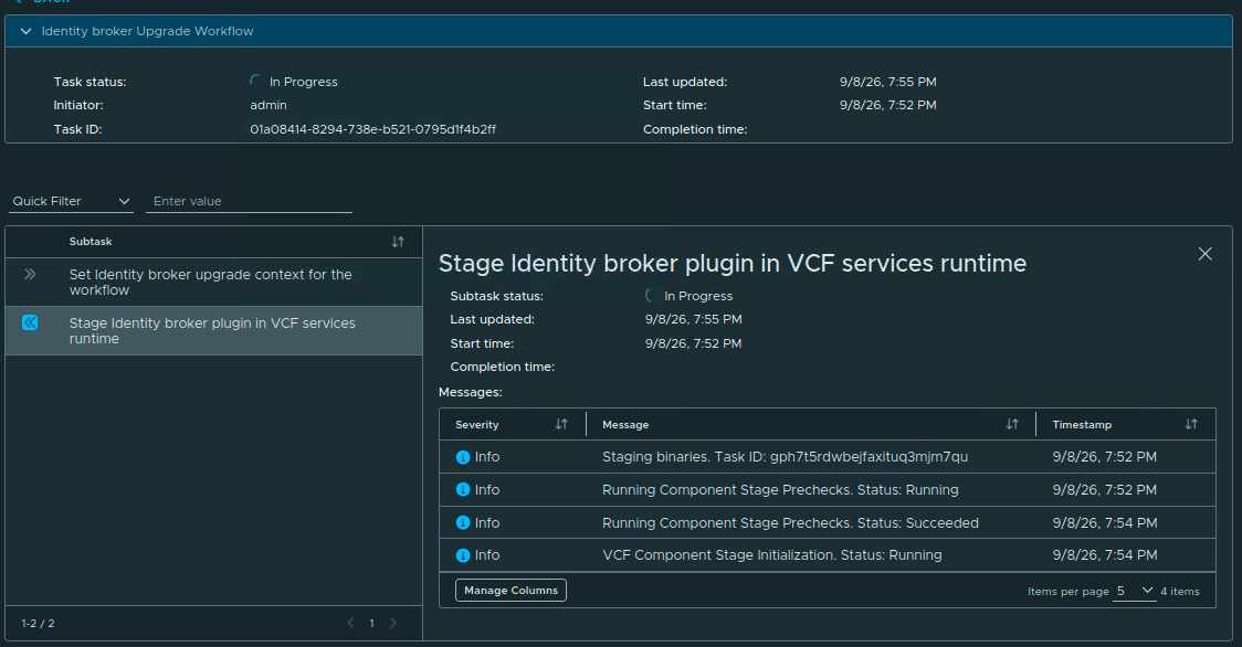 Identity Broker upgrade workflow in progress while the plugin is staged in the VCF services runtime.