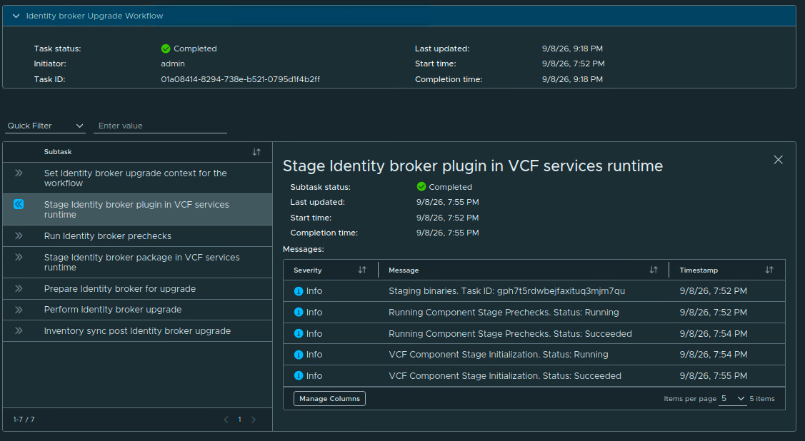 Completed Identity Broker upgrade workflow showing all seven subtasks completed.