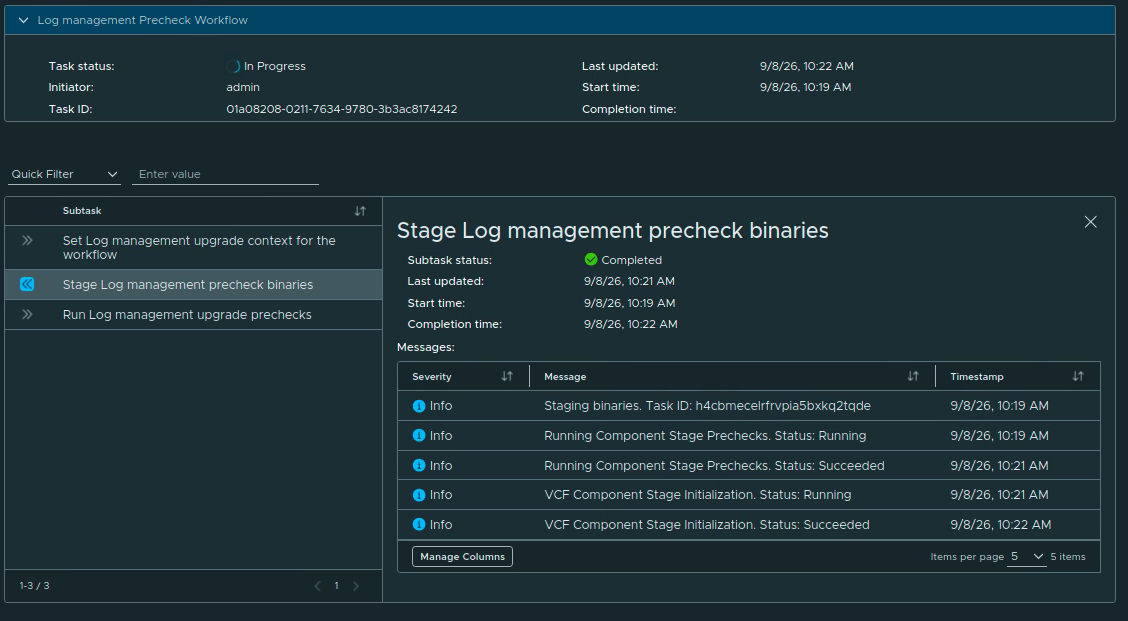 Log Management precheck workflow showing the component package being staged in VCF services runtime.