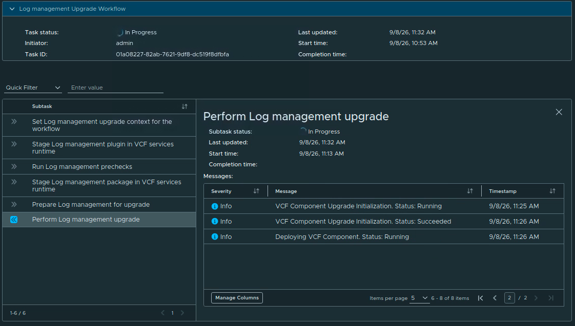 Log Management upgrade workflow in progress while the component upgrade is being performed.
