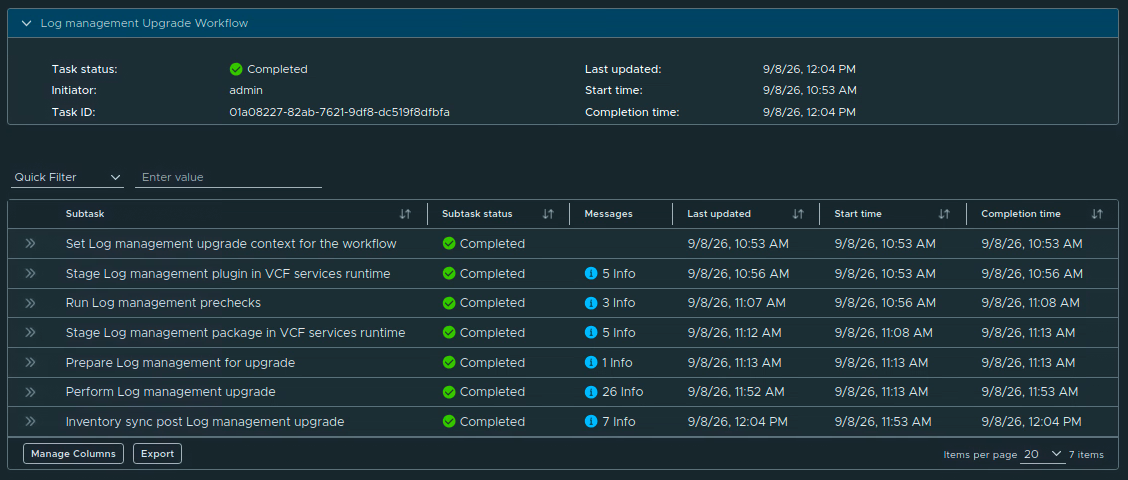 Completed Log Management upgrade workflow with all seven subtasks completed.