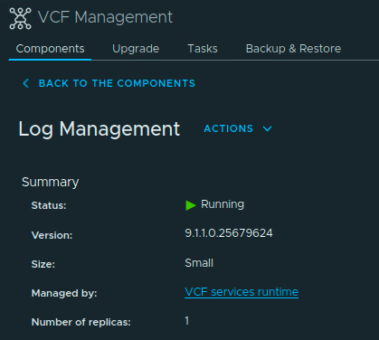 Log Management component summary showing Running status and version 9.1.1.0.25679624.