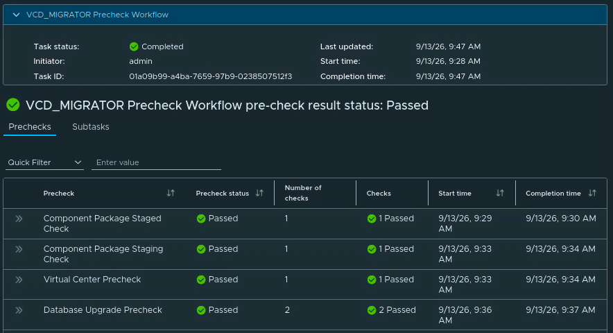 Completed VCD_MIGRATOR Precheck Workflow with an overall Passed result and all listed checks passed.
