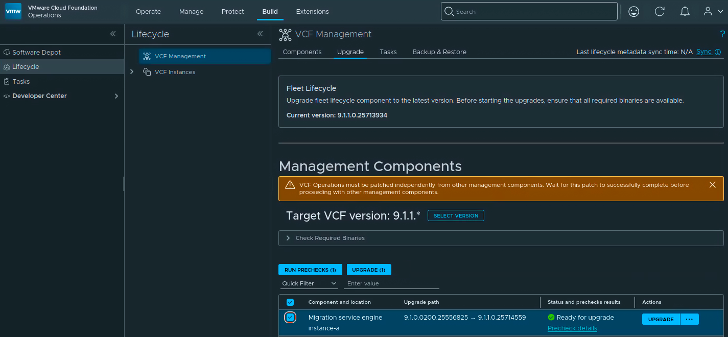 VCF Management page showing the Migration Service Engine upgrade path to VCF 9.1.1.