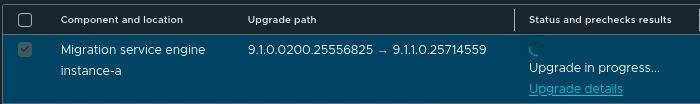 Migration service engine row showing Upgrade in progress for the 9.1.1 target.