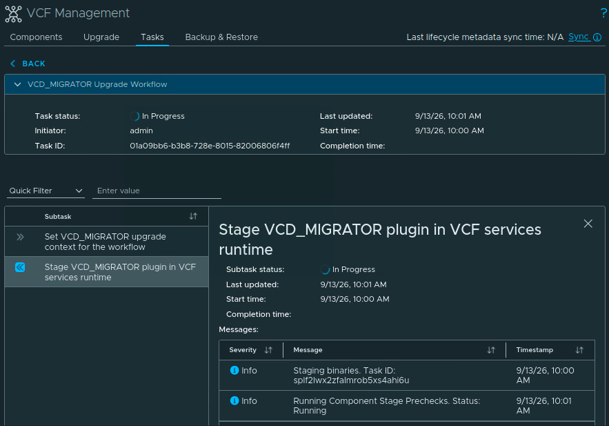 VCF_MIGRATOR Upgrade Workflow in progress while the VCD_MIGRATOR plugin is staged in the VCF services runtime.