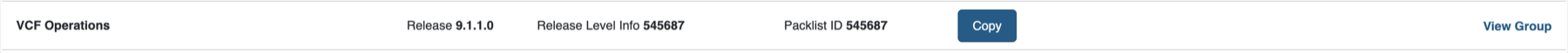 Broadcom download portal row showing VCF Operations 9.1.1.0 and packlist ID 545687.