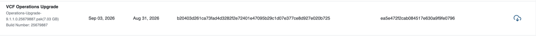VCF Operations 9.1.1 upgrade PAK details showing a 7.03 GB file, build 25679887, and checksums.