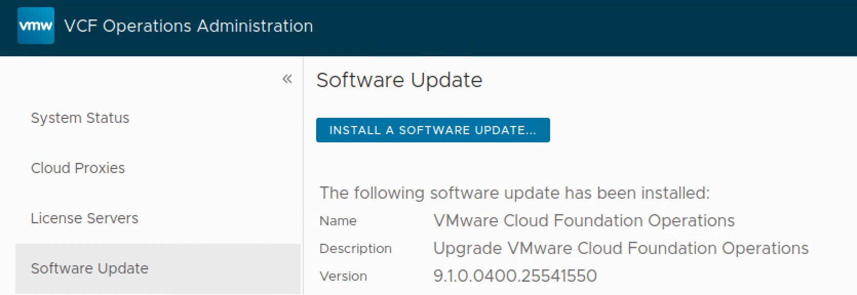 VCF Operations Software Update page showing installed version 9.1.0.0400.25541550.