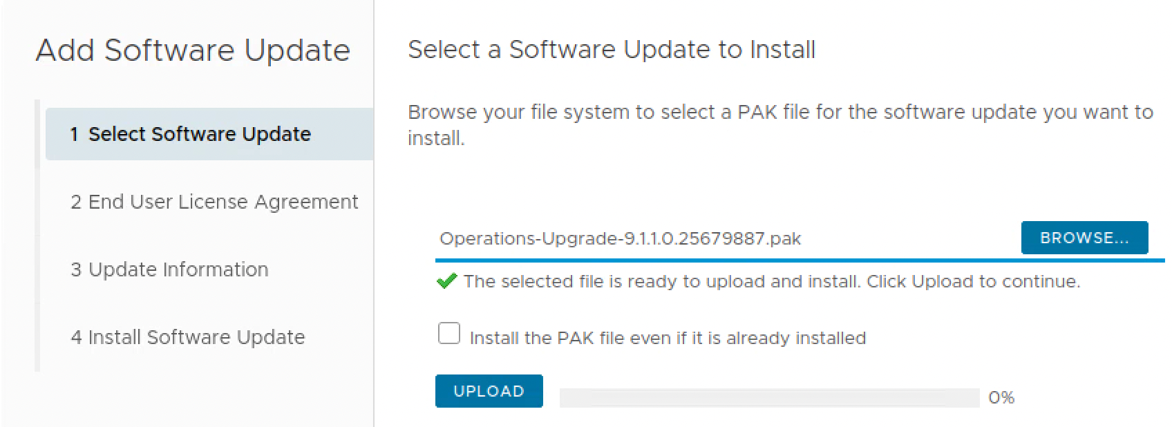 Add Software Update wizard with the VCF Operations 9.1.1 PAK selected and ready to upload.