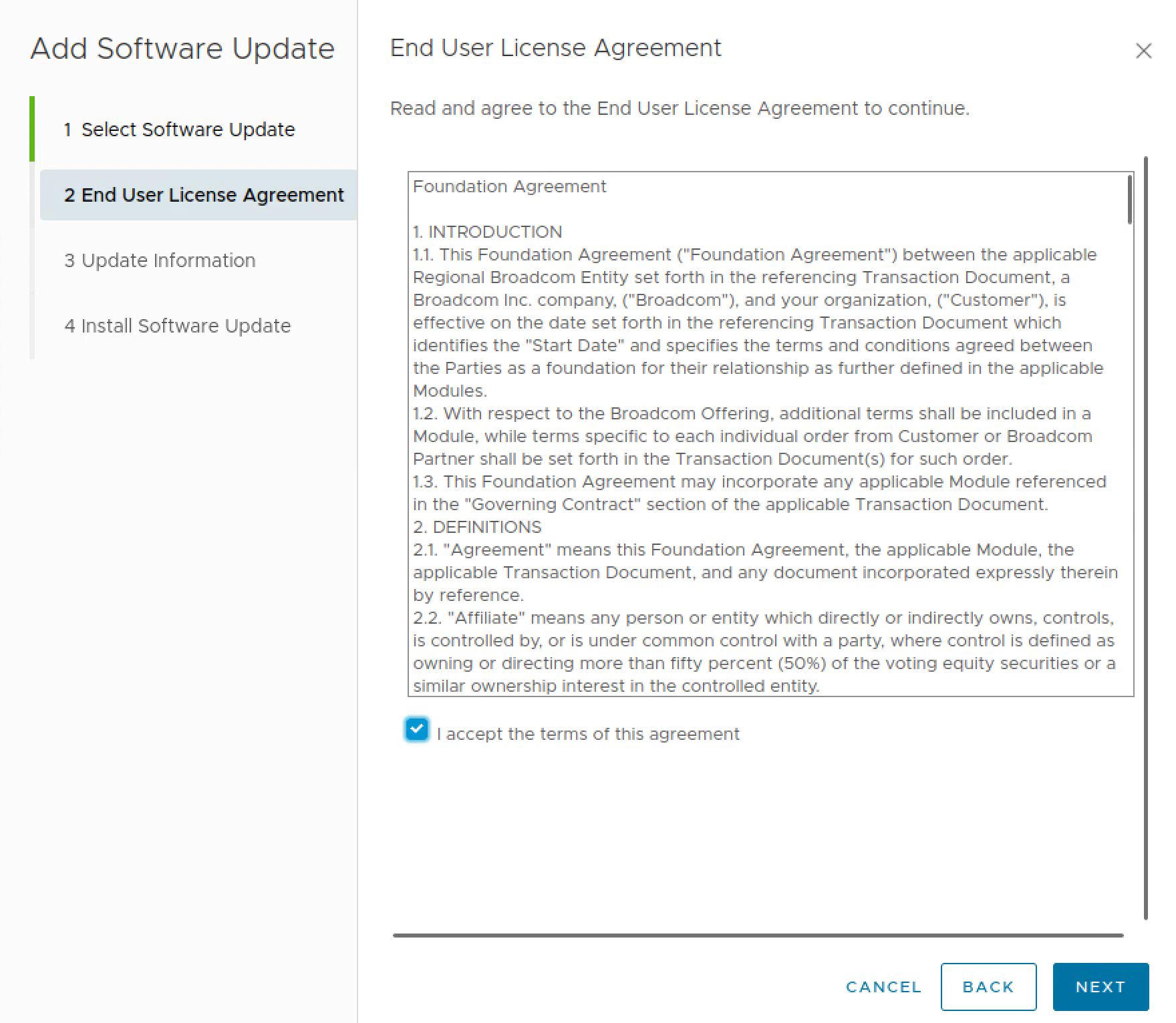 VCF Operations update wizard with the Foundation Agreement accepted.
