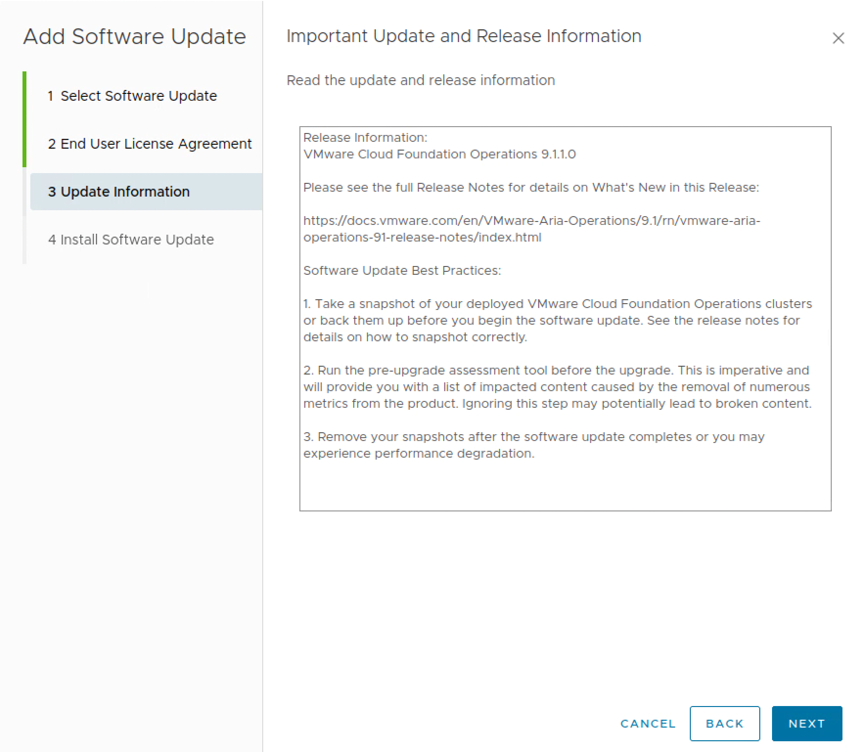VCF Operations 9.1.1 update information recommending snapshots, a pre-upgrade assessment, and snapshot removal after completion.