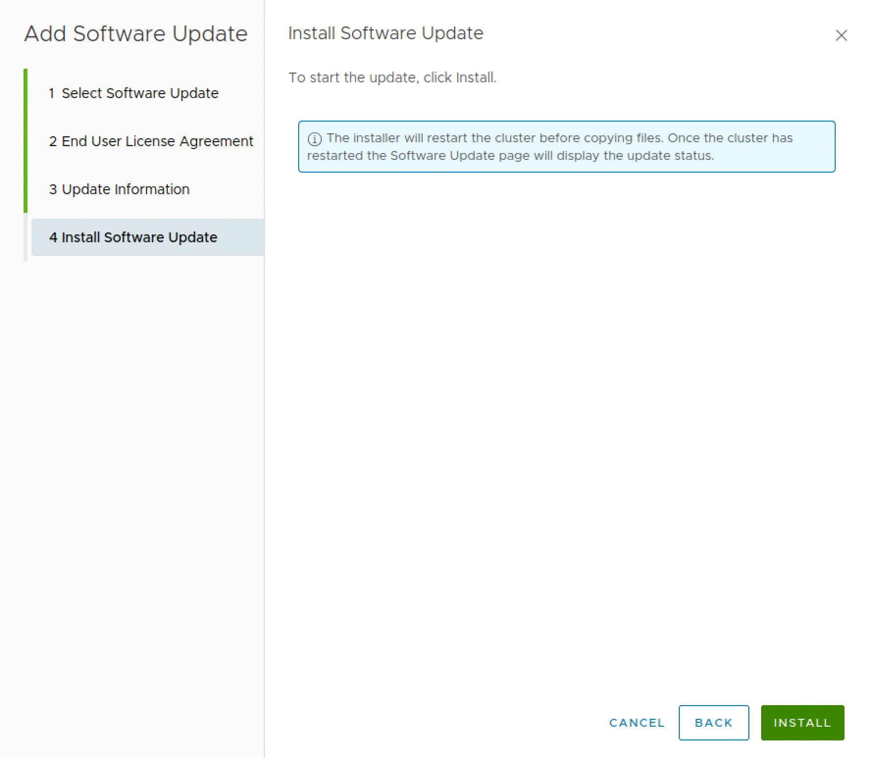 Final installation step warning that the VCF Operations cluster will restart before the files are copied.