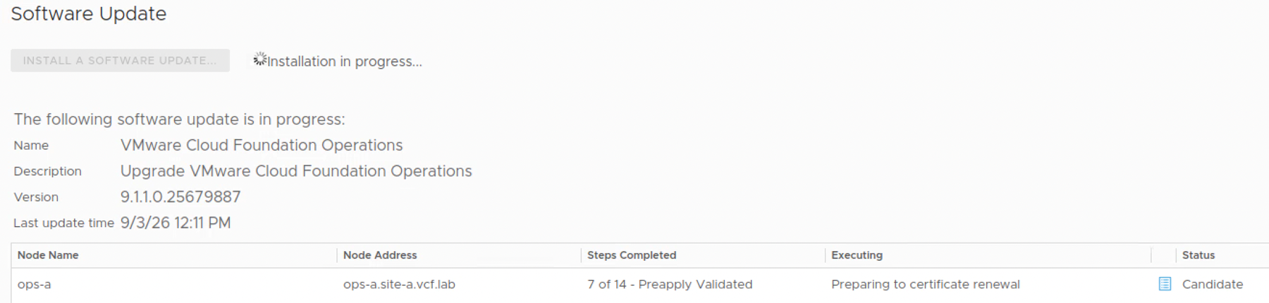 VCF Operations 9.1.1 installation at step 7 of 14, preparing for certificate renewal.