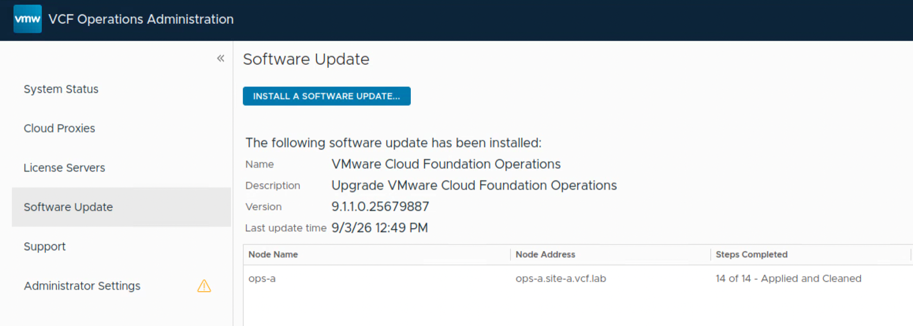 Software Update page showing VCF Operations 9.1.1 installed with all 14 steps applied and cleaned.