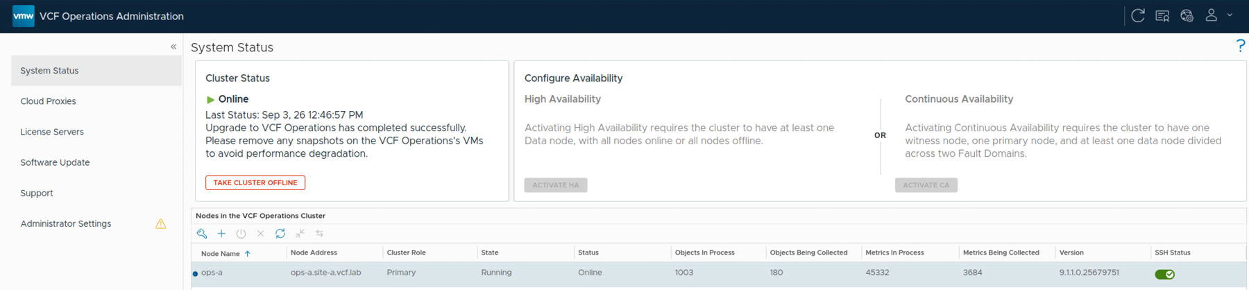 VCF Operations System Status showing a successful upgrade and an online 9.1.1 cluster.