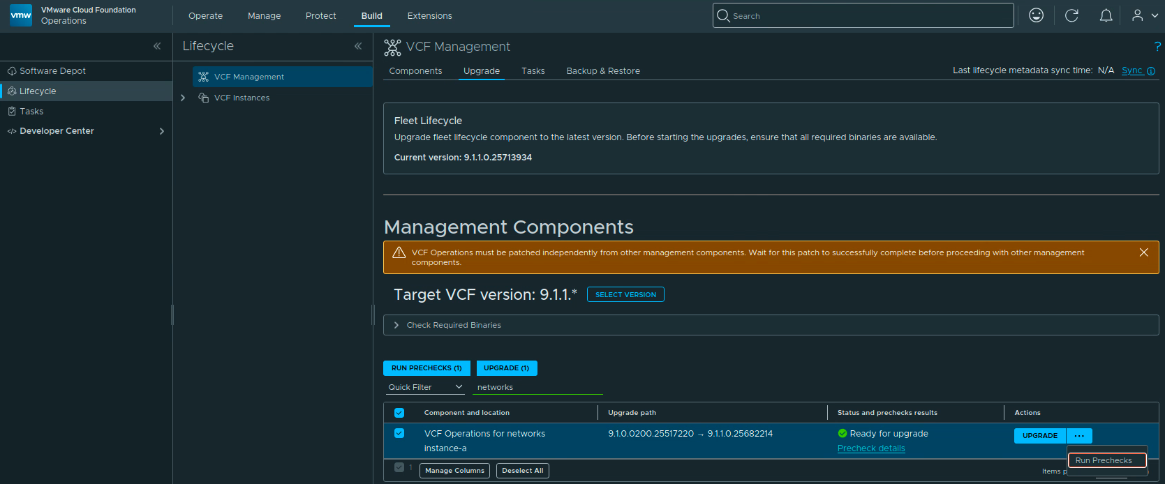 VCF Operations VCF Management upgrade page showing VCF Operations for Networks instance-a ready to upgrade from 9.1.0.0200.25517220 to 9.1.1.0.25682214.
