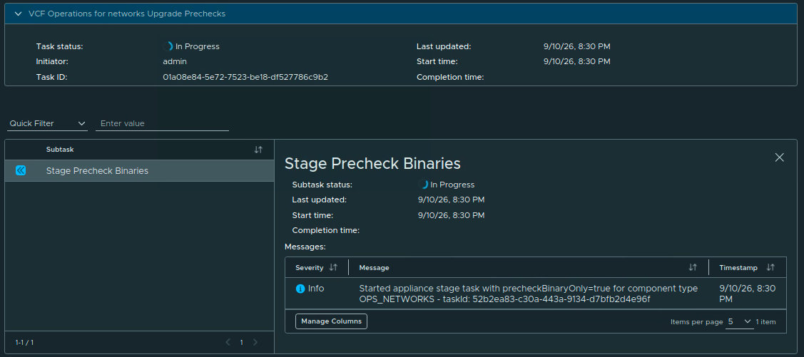 VCF Operations for Networks upgrade precheck workflow in progress, with the Stage Precheck Binaries subtask running.