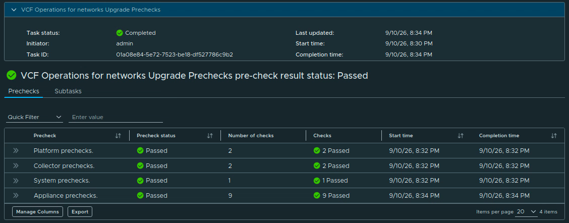 Completed VCF Operations for Networks upgrade prechecks showing an overall Passed result and platform, collector, system, and appliance checks passed.