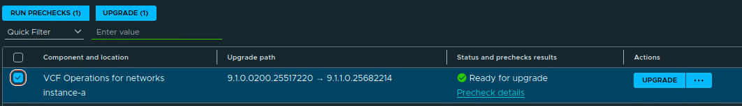 VCF Operations for Networks row showing the 9.1.0.0200.25517220 to 9.1.1.0.25682214 path and Ready for upgrade status after prechecks passed.