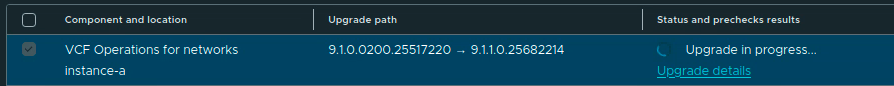 VCF Operations for Networks row showing Upgrade in progress from 9.1.0.0200.25517220 to 9.1.1.0.25682214.